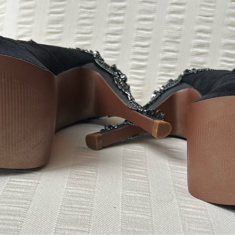Hades Black Heels with lace trim, metallic & rhinestone Embellishments. - Picture 10 of 11